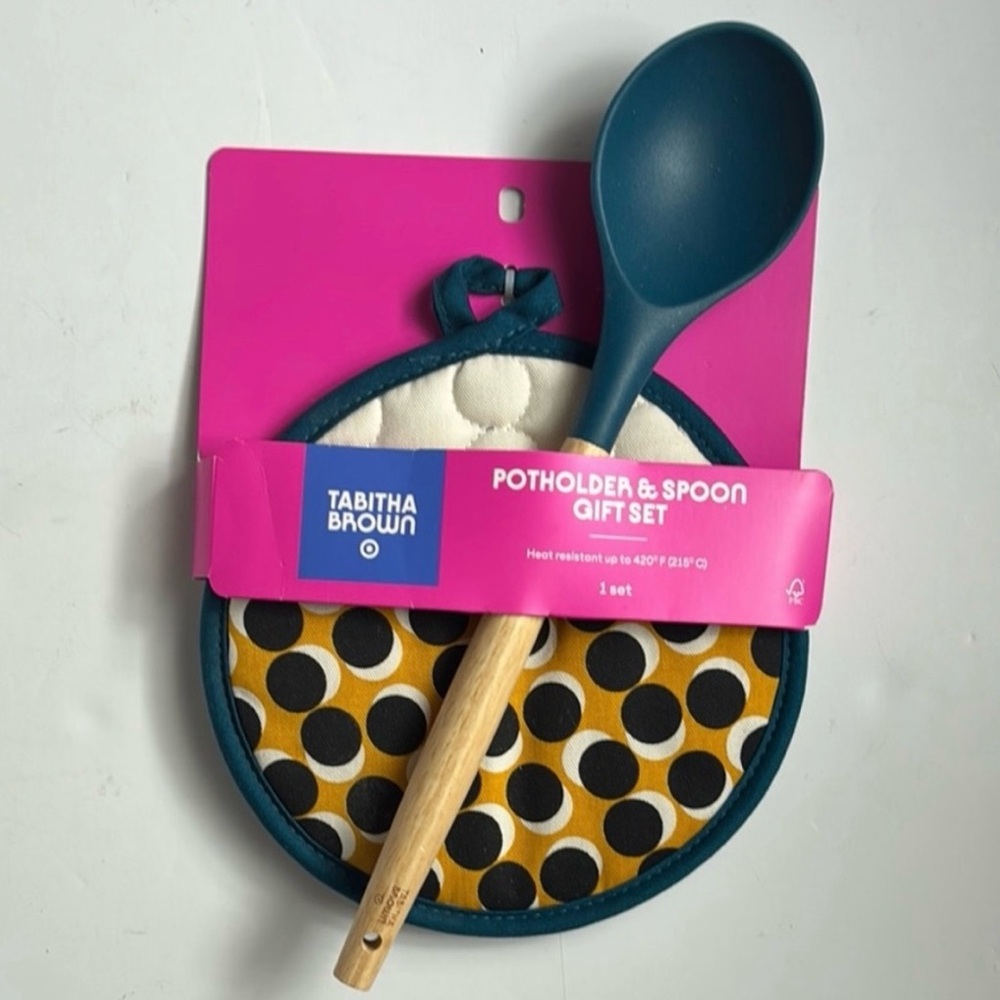 Tabitha Brown Limited Edition Teal Spoon & Polka Dot Potholder Set